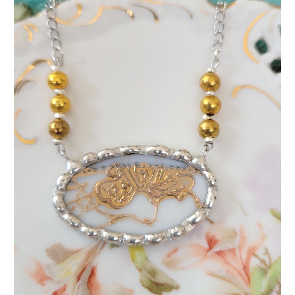Broken China Gold & White Handcrafted Soldered Pendant Necklace